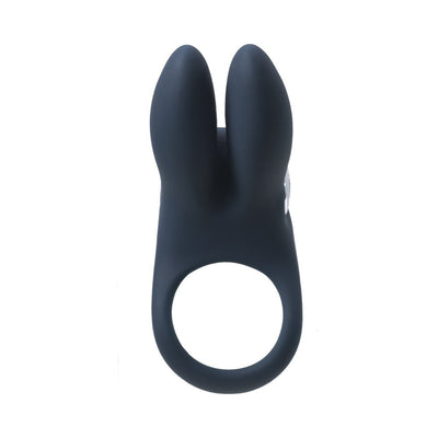 Black silicone vibrating ring with dual bunny ears designed for intimate stimulation.