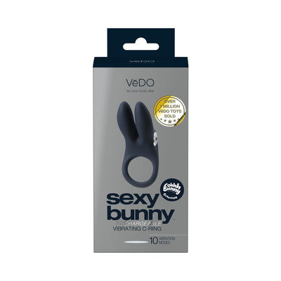 Packaging of Vedo Sexy Bunny rechargeable vibrating C-ring in black with dual motor bunny ears and 10 vibration modes.