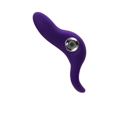 Purple silicone rechargeable vibrating C-ring with curved design and metallic control button.