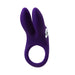 Purple silicone vibrating ring with dual bunny ears and a silver control button, designed for intimate use.