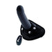 Black rechargeable strap-on with adjustable harness and remote control on white background.