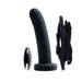 Black rechargeable silicone strap-on with adjustable harness and remote control on white background.