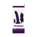 Packaging box showing deep purple rechargeable vibrating strap-on, remote control, and adjustable black harness.