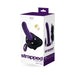 Packaging box of Vedo Strapped rechargeable vibrating strap-on in deep purple with adjustable harness and remote control shown.