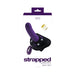 Deep purple rechargeable vibrating strap-on with adjustable black harness and remote control on white packaging.