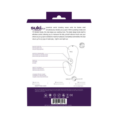 Back packaging of Vedo Suki Plus Dual Sonic Vibe in deep purple with product features and usage instructions.
