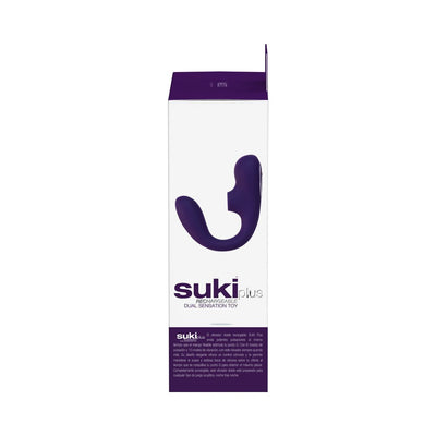 Packaging box of Vedo Suki Plus rechargeable dual sensation toy in deep purple with product image and branding.