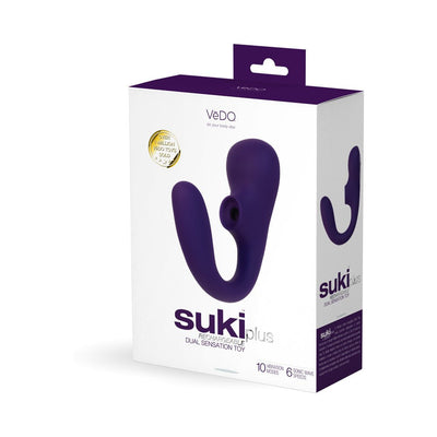 Packaging box of Vedo Suki Plus rechargeable dual sensation toy in deep purple with product image and features displayed.
