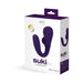 Packaging box of Vedo Suki Plus rechargeable dual sensation toy in deep purple with product image and features displayed.