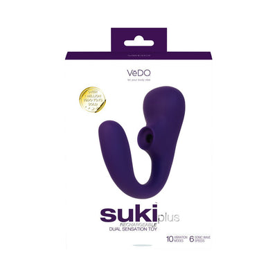 Deep purple Vedo Suki Plus rechargeable dual sensation toy with dual stimulation design on white packaging.