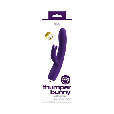 Purple Vedo Thumper Bunny rechargeable dual vibrator with flexible shaft and clitoral stimulator in retail packaging.