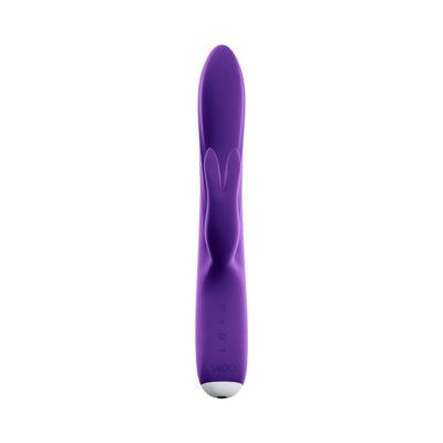 Purple rechargeable dual-motor vibrator with flexible shaft and clitoral bunny ears, featuring control buttons on the handle.