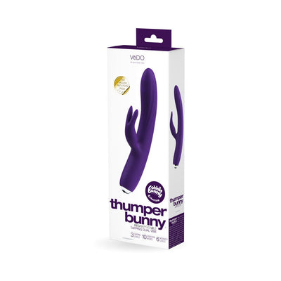 Purple Vedo Thumper Bunny rechargeable dual vibrator with flexible shaft and clitoral stimulator shown on white packaging box.