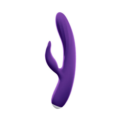 Purple rechargeable dual-motor silicone vibrator with flexible shaft and clitoral stimulator.