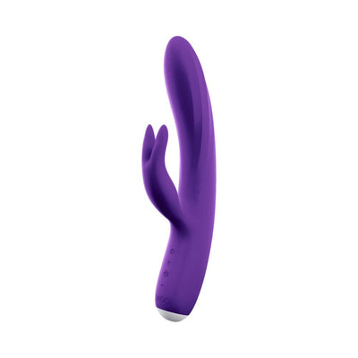 Purple rechargeable dual-motor vibrator with flexible shaft and clitoral stimulator, featuring control buttons on the handle.