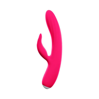 Bright pink rechargeable dual-motor vibrator with flexible shaft and clitoral stimulator, made of smooth silicone.