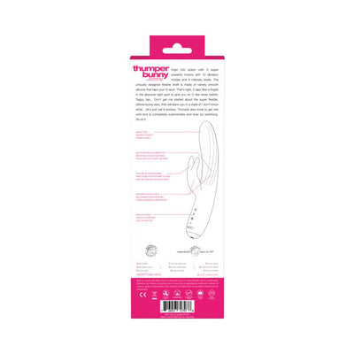 Back packaging of Vedo Thumper Bunny rechargeable dual vibe showing product features, diagram, and specifications.
