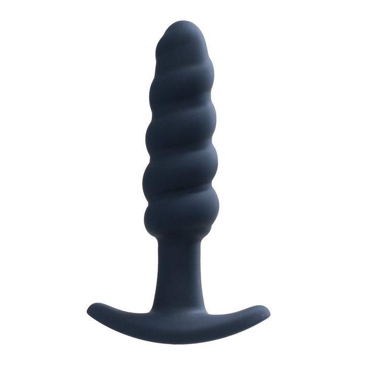 Black silicone anal plug with twisted bead design and curved base for comfortable use.