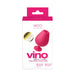 Packaging of Vedo Vino rechargeable vibrating sonic vibe in pink with product features and gold badge.