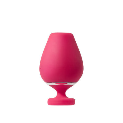 Pink silicone rechargeable vibrating sonic vibe shaped like a wine glass with a clear accent ring.