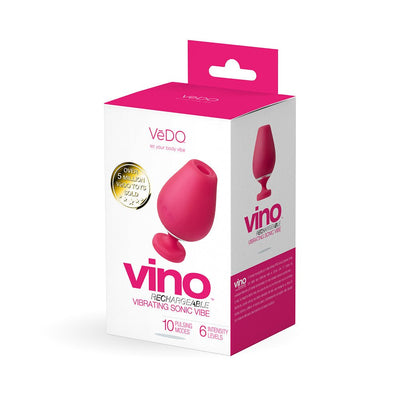 Packaging box of Vedo Vino rechargeable vibrating sonic vibe in pink and white with product image and features.