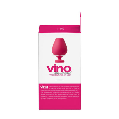 Vedo Vino Rechargeable Vibrating Sonic Vibe packaging with pink and white design and product image on front.
