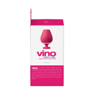 Packaging box of Vedo Vino Rechargeable Vibrating Sonic Vibe in pink and white with product image and description.