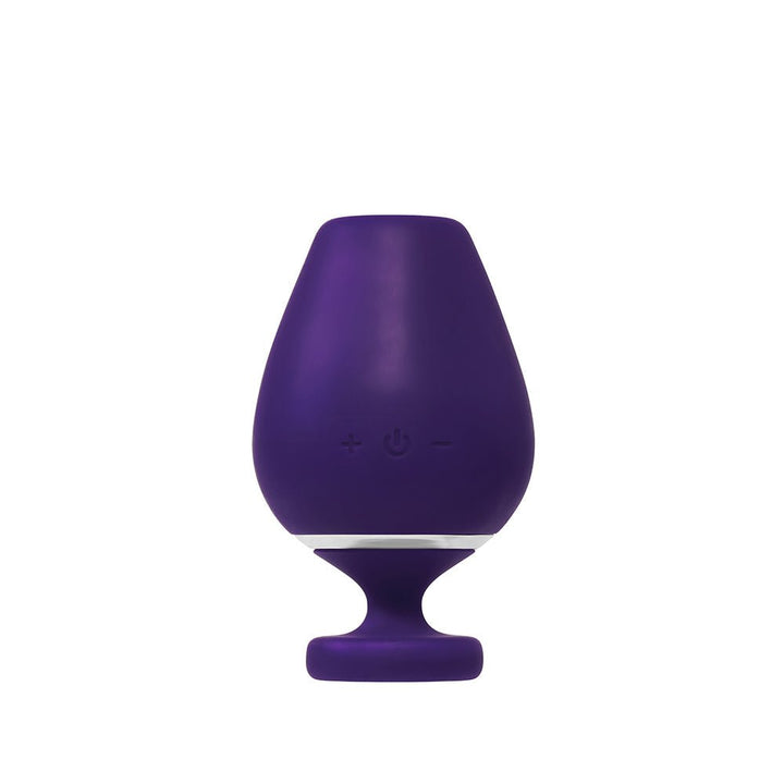 Purple rechargeable vibrating sonic vibe shaped like a wine glass with control buttons on the front.