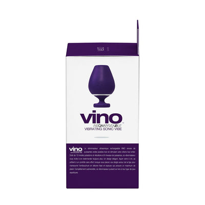 Packaging box of Vedo Vino Rechargeable Vibrating Sonic Vibe in purple and white with product image and description.