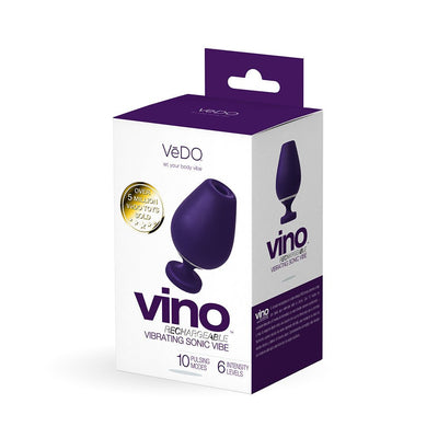 Packaging box of Vedo Vino rechargeable vibrating sonic vibe in purple and white with product image and features.