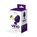 Packaging box of Vedo Vino rechargeable vibrating sonic vibe in purple and white with product image and features.