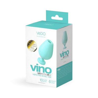 Vedo Vino rechargeable vibrating sonic vibe in mint green with packaging highlighting 10 pulsating modes and 6 intensity levels.