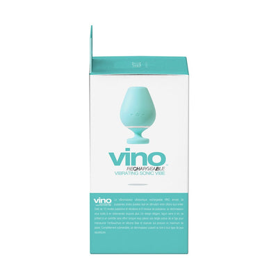 Packaging box of Vedo Vino Rechargeable Vibrating Sonic Vibe in teal and white with product image and description.