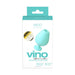 Vedo Vino rechargeable vibrating sonic vibe in light blue with 10 pulsating modes and 6 intensity levels shown on packaging.