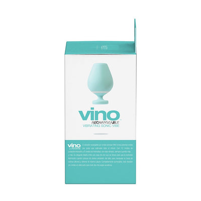 Packaging box of Vedo Vino Rechargeable Vibrating Sonic Vibe in teal and white with product image and description.