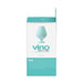 Packaging box of Vedo Vino Rechargeable Vibrating Sonic Vibe in teal and white with product image and description.