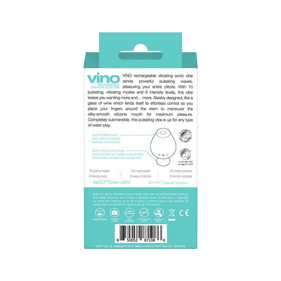 Back view of Vedo Vino Rechargeable Vibrating Sonic Vibe packaging with product features and specifications in turquoise and white design.