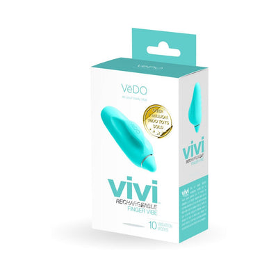 Packaging box of the Vivi rechargeable finger vibrator in turquoise with product image and branding details.