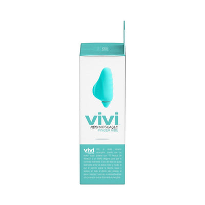 Packaging box of Vivi Rechargeable Finger Vibe in turquoise with product image and description.