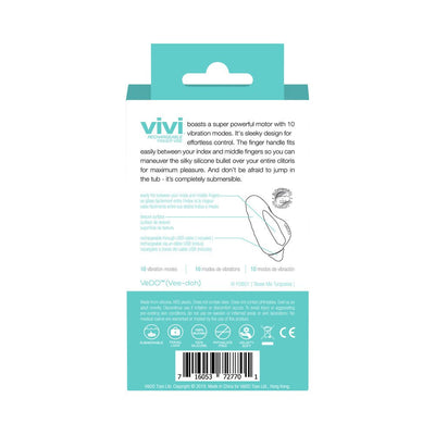 Back packaging of Vivi Rechargeable Finger Vibe showing product features, usage instructions, and safety icons in turquoise and white design.