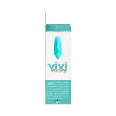 Packaging box of Vivi Rechargeable Finger Vibe in turquoise with product image and description on front.