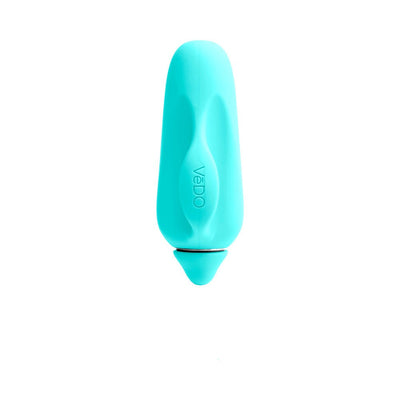 Compact turquoise silicone finger vibrator with ergonomic shape and VeDO branding on white background