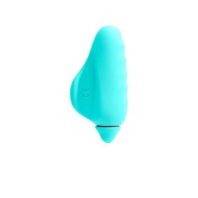 Compact rechargeable finger vibrator in smooth turquoise silicone with ergonomic ridged design and tapered tip.