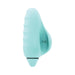 Light blue silicone rechargeable finger vibrator with ergonomic ridges and curved design for comfortable grip.