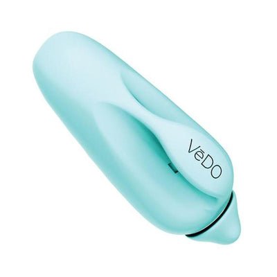 Compact rechargeable finger vibrator in smooth pastel blue silicone with ergonomic design and VeDO branding.