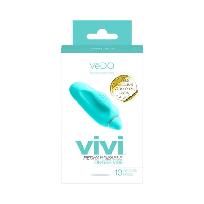 Packaging of VeDO Vivi rechargeable finger vibrator in turquoise with 10 vibration modes and gold badge for over 1 million toys sold.