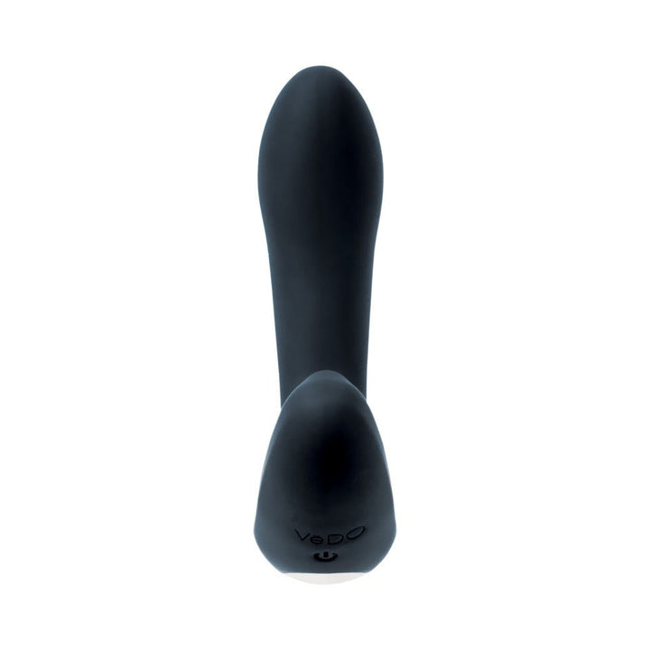 Black rechargeable prostate massager with adjustable shaft and flexible base, made of smooth silicone with one-button control.
