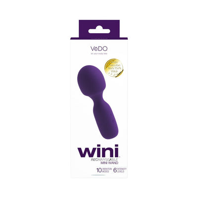 Packaging of Vedo Wini rechargeable mini wand in purple with 10 vibration modes and 6 intensity levels displayed.