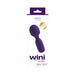 Packaging of Vedo Wini rechargeable mini wand in purple with 10 vibration modes and 6 intensity levels displayed.