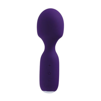 Compact purple rechargeable mini wand with smooth silicone finish and control buttons on the handle.